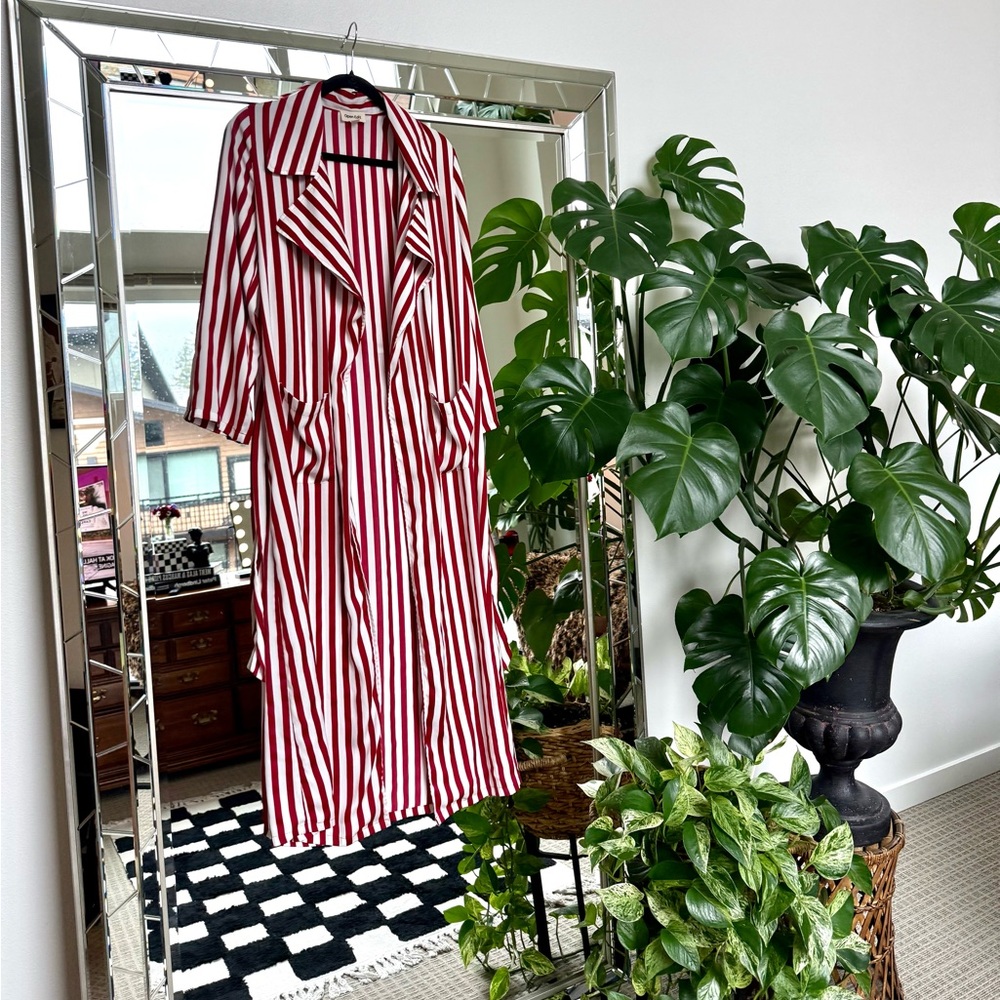 Open Edit | Red/White Striped Satin-Effect Duster - Picture 3 of 7